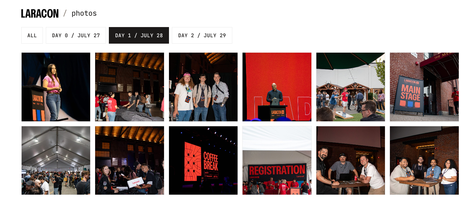 One of the pages of laracon.us/photos with several pictures from Laracon US 2026